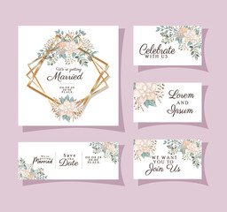 Wedding invitations set with gold ornament frames and white flowers with leaves on purple background design, Save the date and engagement theme Vector illustration