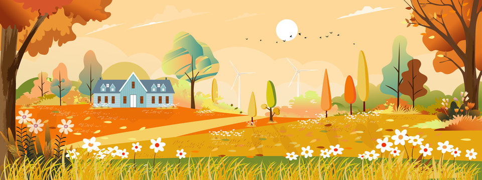 Autumn landscape wonderland forest with grass Autumn landscaps with fram house and grass land on hill,Natural foliage background in fall seson with beatiful panoramic countryside in sunny day morning.