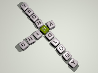 CHINA TECHNOLOGY crossword by cubic dice letters, 3D illustration for chinese and asia