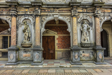 Courtyard of Frederiksborg Castle (Frederiksborg Slot, XVII century). Frederiksborg Castle built as royal residence for King Christian IV of Denmark-Norway (now History Museum). Hillerod, Denmark.