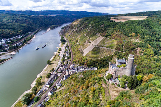 Aerial Panorama shot of the Castle Maus, Germany Rhine River Valley