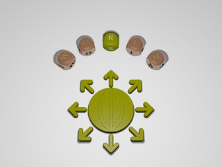 WORLD circular text of separate letters around the 3D icon, 3D illustration for background and map