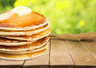 Stack of delicious pancakes, homemade breakfast concept