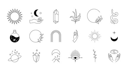 Boho doodle mystic set. Magic hand drawn simple logo icons with snake crystal eye sun moon, minimal fine line tattoo. Abstract vector illustration