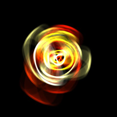 Spinning rays of light isolated on black background. Graphic 2D illustration of glowing colorful light particles in circular motion.