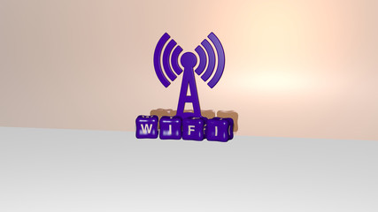 Naklejka premium 3D illustration of wifi graphics and text made by metallic dice letters for the related meanings of the concept and presentations for icon and internet