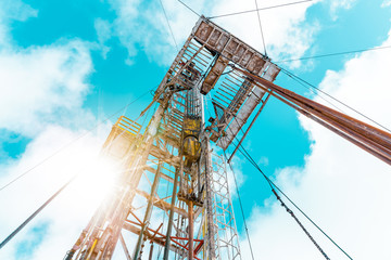 Drilling rig with a tower tower. Oil drilling rig operation on the oil platform in oil and gas...