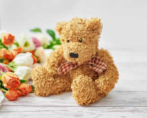 Flowers and gifts for women's day. Mother's day greeting card. Stuffed toys Bear. Bouquet of flowers in vase. Happy Birthday! Valentine's day gift. 14th February. Love concept