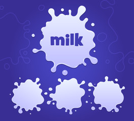 Paint blot milk,cream, paint icon set. Milk blot label splash stain set.Healthy natural products.