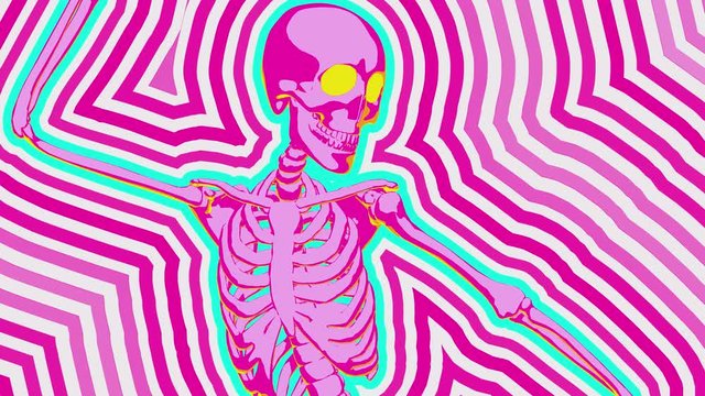 Seamless animation psychedelic dancing skeleton printed drawn style cartoon. Hypnotic halloween background with rainbow marker stroke effect 