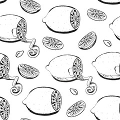 Lemon seamless pattern. Hand drawn vintage background. Citrus fruit with peel and slices on white background. For menu, Wallpaper, packaging, kitchen design, curtains, napkins, textile manufacturing.