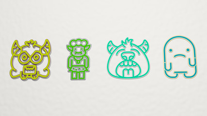 monster 4 icons set, 3D illustration for cartoon and character