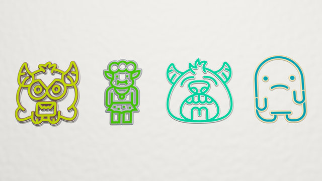 monster 4 icons set, 3D illustration for cartoon and character