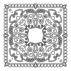 Pattern frame of swirling lines, flowers, vegetation, hearts. Print for the cover of the book, postcards, t-shirts. Illustration for rugs.