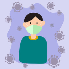 Man wears a face mask for protecting from virus. Pandemic. COVID-19 outbreak. Flat style character illustration.