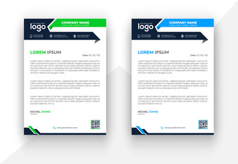 A4 letterhead vector design, official letterhead in fat style in three color combinations green, blue & black.