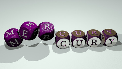 mercury text by dancing dice letters, 3D illustration for background and astronomy