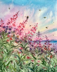 Obraz na płótnie Canvas Watercolor beautiful spring summer background with wild meadows. Flying insects. Purple, pink, burgundy flowers. Design element. 