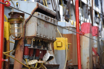 Grey electric box for connection of the red plugs from reefer containers to sockets inside the box to deliver current for cooling perishable cargo on the container vessel passing Atlantic ocean