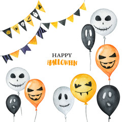 Watercolor Happy Halloween card isolated on a white background.