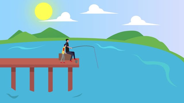 Little boy fishing with his father in the river