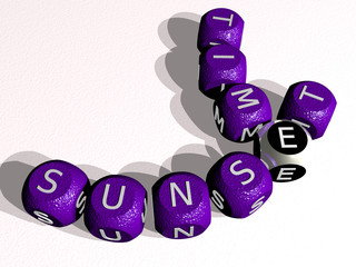 SUNSET TIME curved crossword of cubic dice letters, 3D illustration for beautiful and background