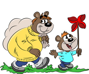 Obraz na płótnie Canvas Cartoon bears, father and son, go for a walk to spend some time together vector illustration