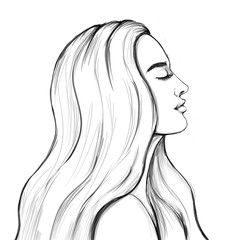 Beautiful young woman in profile, with closed eyes. Fashion illustration. Black and white sketch
