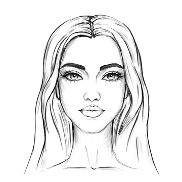 Fashion illustration. Beautiful face of a woman. Black and white sketch