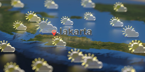 Jakarta city and partly cloudy weather icon on the map, weather forecast related 3D rendering