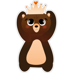 Cute baby bear holding crown, childish illustration for baby shower, adorable sticker for kids, friendly teddy