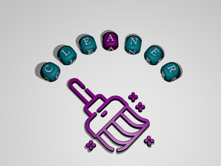 CLEANER icon surrounded by the text of individual letters, 3D illustration for cleaning and background