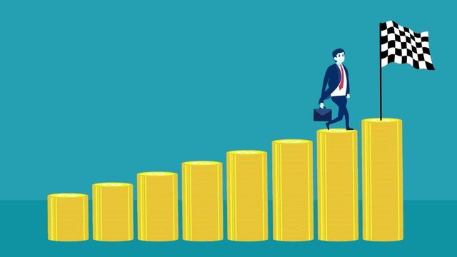 Male manager climbs a heap coins toward a flag