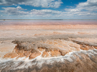 Marsian landscape on pink lake in Ukraine
