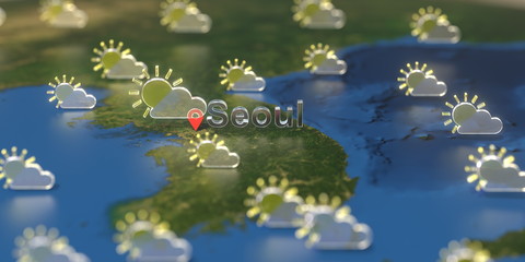Partly cloudy weather icons near Seoul city on the map, weather forecast related 3D rendering