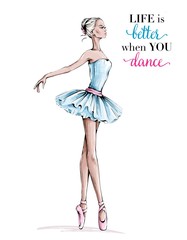 Hand drawn beautiful dancing woman. Pretty ballerina. Girl in pink point shoes. Ballerina in blue dress. Beautiful female ballet dancer.  © marisa__