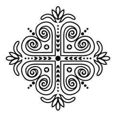 Crosses ornament of swirling lines, vegetation, flowers and hearts. Illustration for rugs. Decorative element. Print for the cover of the book, postcards, t-shirts.
