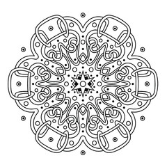 Ornament of swirling lines, circle and star flower. Decorative element for the cover of the book, postcards, t-shirts. Illustration for coloring. 