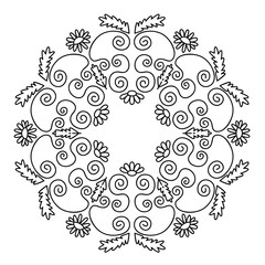 Ornate frame of swirling lines, leaves and flowers. Print for the cover of the book, postcards, t-shirts. Illustration for rugs.