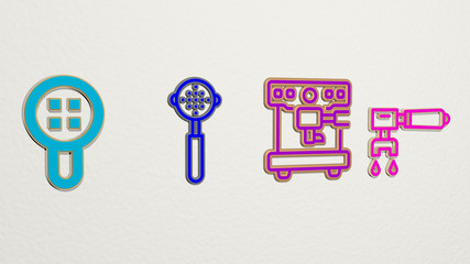 PORTAFILTER 4 icons set, 3D illustration for coffee and barista