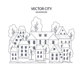 City panorama in thin line style. Illustration of the streets of the old cityscape. Cute city in cartoon style.