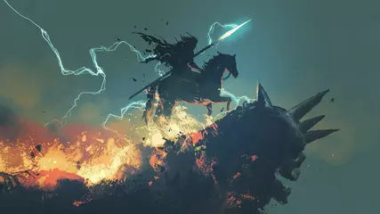 Poster een ridder met zijn paard die op de donkere schedelklif staat, digitale kunststijl, illustratie, schilderkunst © grandfailure