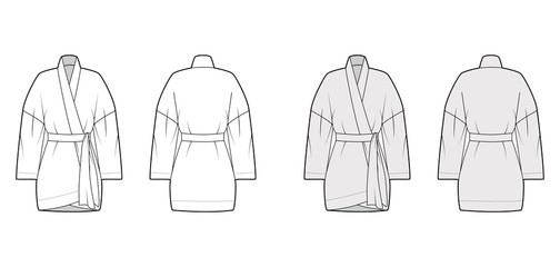 Kimono technical fashion illustration with long wide sleeves, belt to cinch the waist, above-the-knee length. Flat apparel blouse template front, back white grey color. Women men unisex shirt mockup