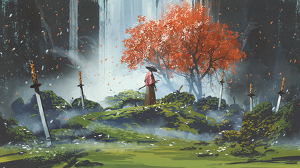 samurai standing in waterfall garden with swords on the ground, digital art style, illustration painting