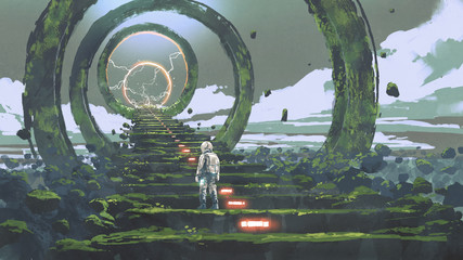 spaceman standing on the futuristic stairs and looking at the light at the end, digital art style, illustration painting