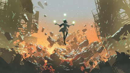 Rolgordijnen jong meisje met de magische ballen zwevend boven de verwoeste stad, digitale kunststijl, illustratie schilderij © grandfailure
