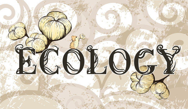 The word "ecology" is next to a cotton Blossom on a decorative aged vintage background with cute hamster. Flower illustration. Botanical design. EPS 10