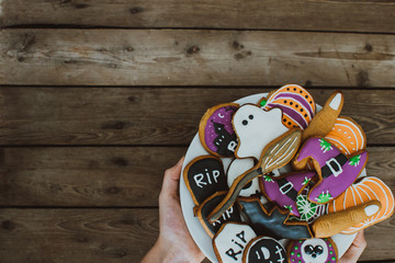 Halloween cookies for the party. Pumpkins. Autumn mood. Happy Halloween concept. 