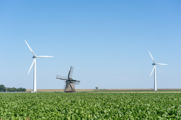 A big contrast in picture: an old traditional windmill among a number of modern wind turbines