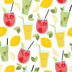 Vector seamless pattern with strawberry and classic lemonade and mojito, lemons and mint leaves. Summer background